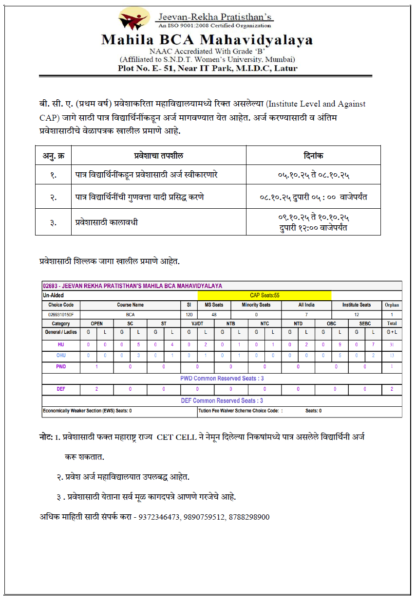 Notificattion for Institute Level Round BCA FY admission